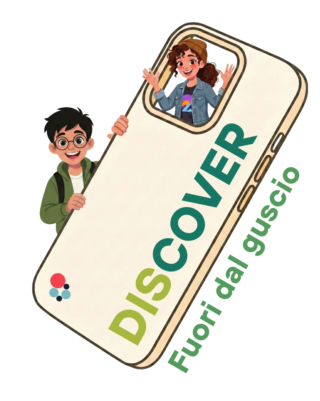 Due ragazzi escono da una cover di smartphone — Discover, fuori dal guscio